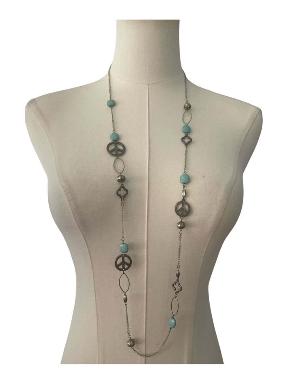 Boho Antique Peace Sign Long Necklace – Turquoise & Silver Tone Statement Piece